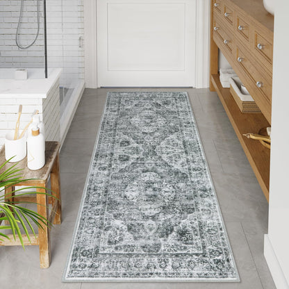 Uphome Boho Small Bath Mat, Distressed Farmhouse Light Khaki Bath Rugs, Comfy Velvet Bathroom Rugs Non Slip Washable, Vintage Oriental Toilet Rug for Sink Shower Vanity, 18x26 inch