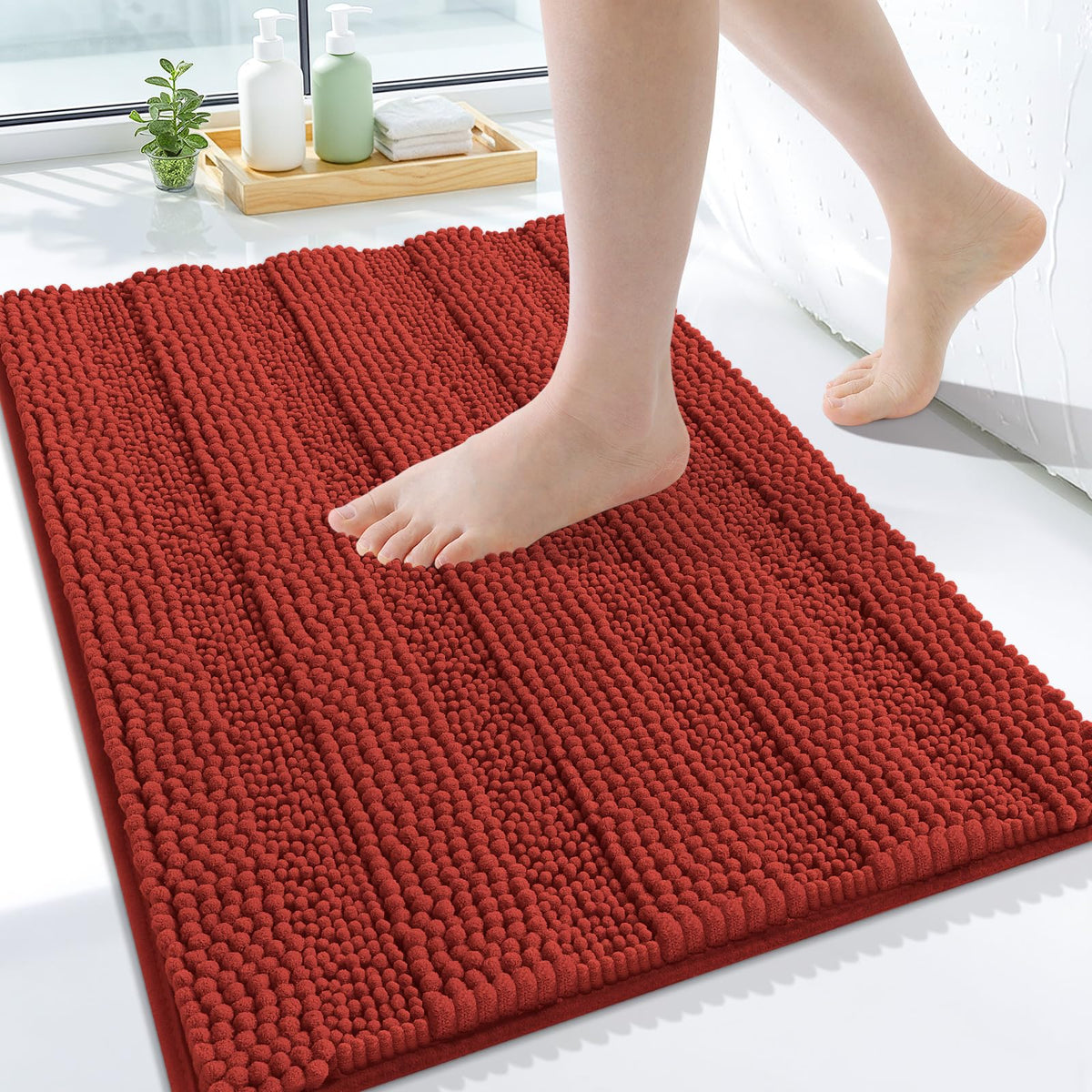 Grandaily Chenille Striped Bathroom Rugs 36x24, Extra Thick and Absorbent Bath Mats, Non-Slip Soft Plush Shaggy Shower Carpet, Machine Wash Dry, Bath Rug for Bathroom, (Large, Light Grey)
