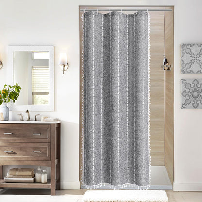 Boho Farmhouse Tassel Linen Shower Curtain,3D Embroidery Stripe Black,72x72