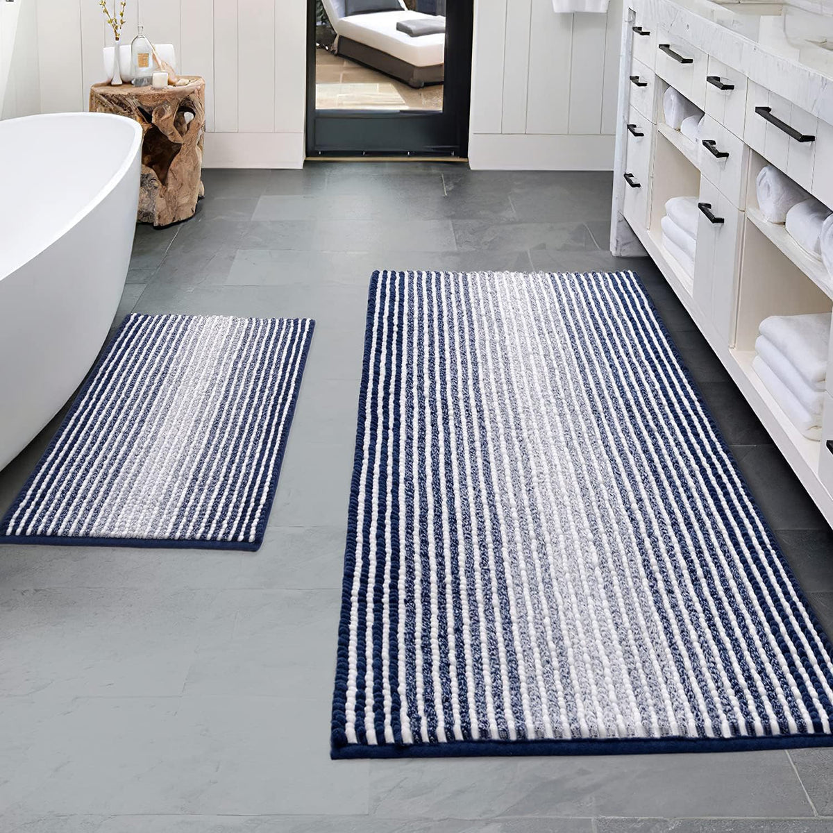 BSICPRO Bathroom Rugs Sets 2 Piece, Non Slip Striped Bath Mats, Fog Blue