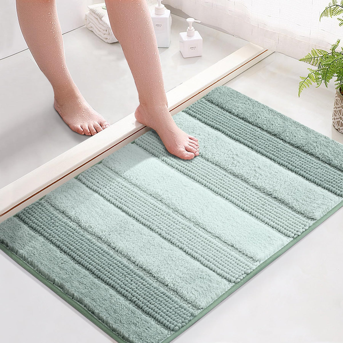 3 Pcs Ombre Bath Mat Set for Bathroom, Non Slip Ultra Soft and Thick Water Absorbent Bath Carpet, Machine Washable & Quick Dry Bathroom Rug, for Bedroom Door Living Room,Green