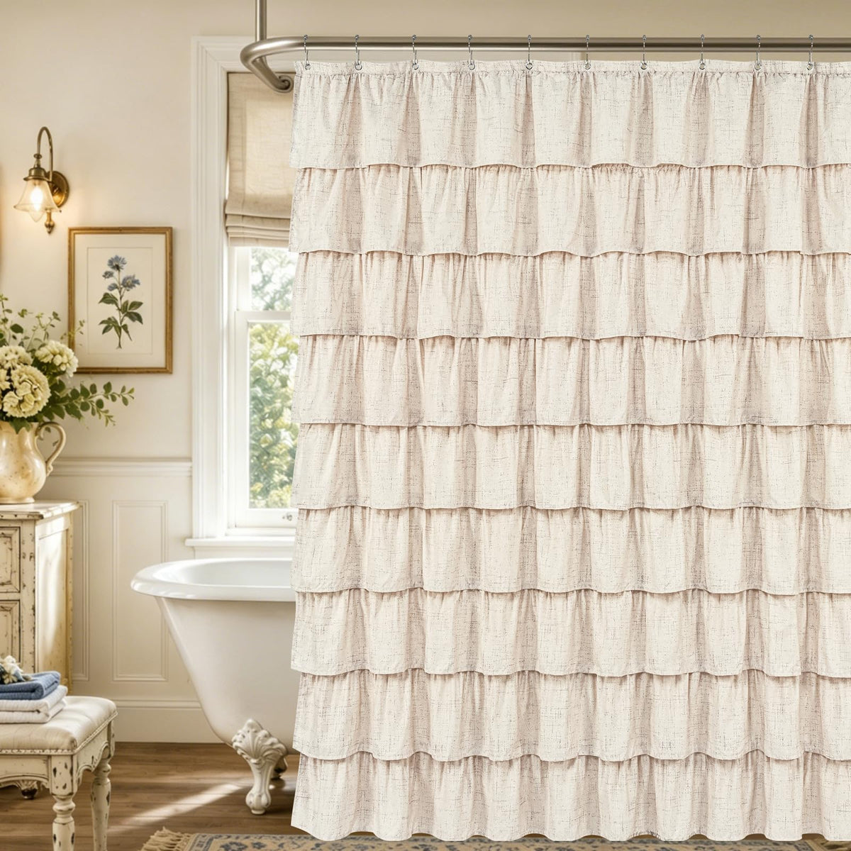 Farmhouse Floral Shower Curtain, Ruffle Bathroom Curtains, 72"Wx72"L
