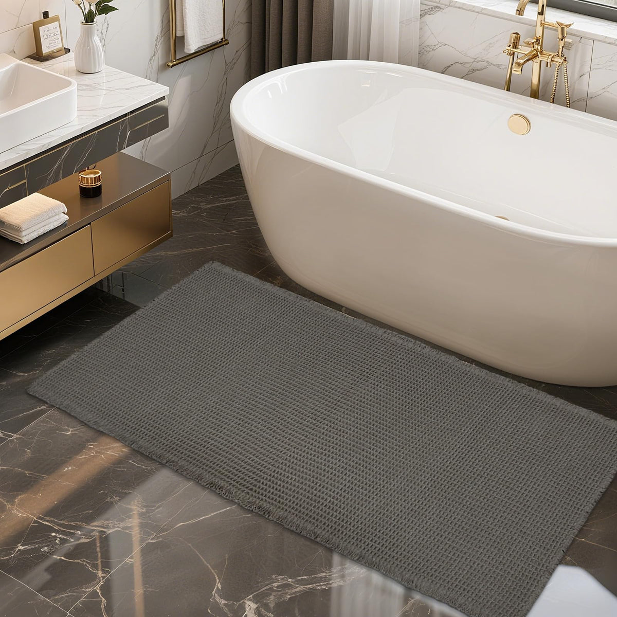 ZALL Tan Waffle Bath Mat,Super Absorbent Non Slip Bathroom Rug,Brown 18x30inch,Machine Washable Ultra Soft Floor Mats