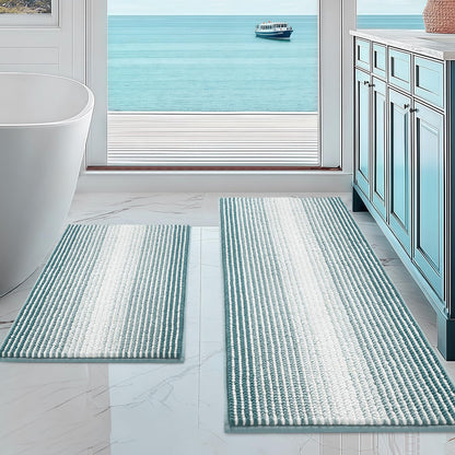 BSICPRO Bathroom Rugs Sets 2 Piece, Non Slip Striped Bath Mats, Fog Blue