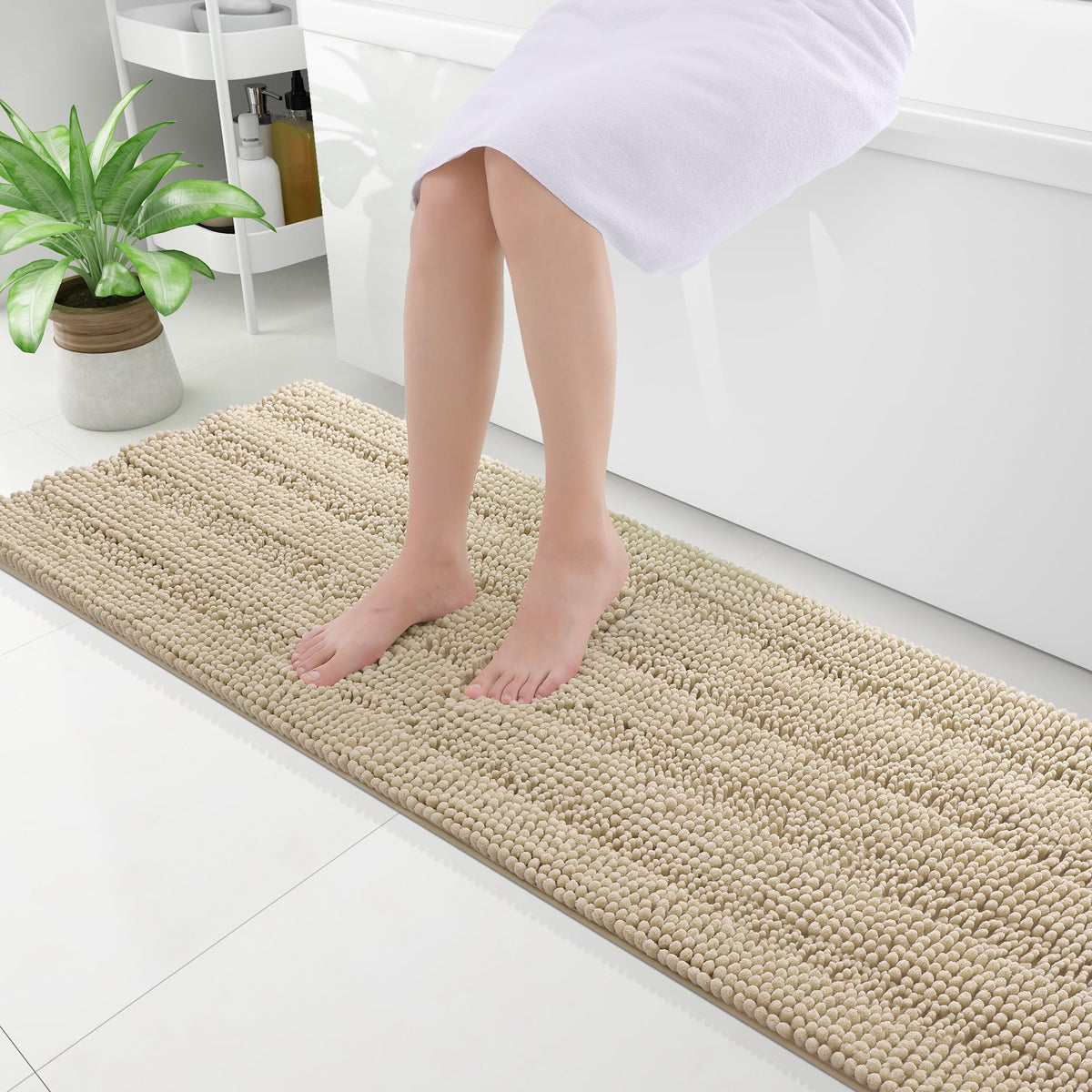 Grandaily Chenille Striped Bathroom Rugs 36x24, Extra Thick and Absorbent Bath Mats, Non-Slip Soft Plush Shaggy Shower Carpet, Machine Wash Dry, Bath Rug for Bathroom, (Large, Light Grey)