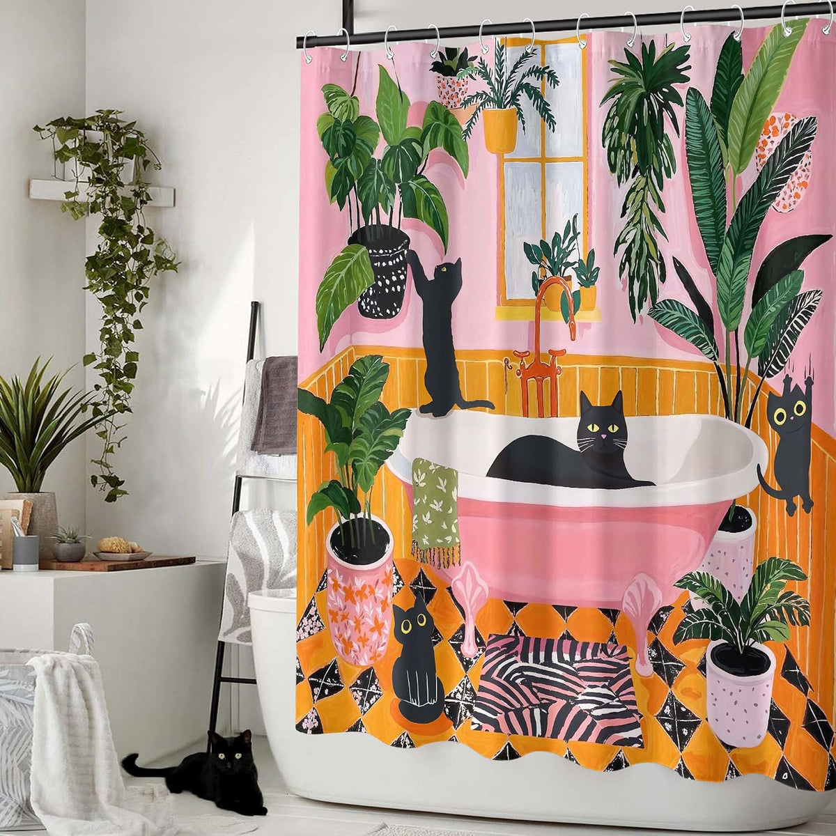 Funny Cat Shower Curtain Boho Cute Fun Black Cats Matisse Shower Curtains for Bathroom Kitten Green Tropical Plant Leaves Pink Orange Yellow Waterproof Fabric Bath Curtain Decor 72 X 72 Inches