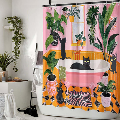 Funny Cat Shower Curtain Boho Cute Fun Black Cats Matisse Shower Curtains for Bathroom Kitten Green Tropical Plant Leaves Pink Orange Yellow Waterproof Fabric Bath Curtain Decor 72 X 72 Inches