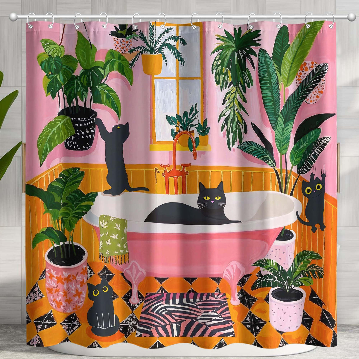 Funny Cat Shower Curtain Boho Cute Fun Black Cats Matisse Shower Curtains for Bathroom Kitten Green Tropical Plant Leaves Pink Orange Yellow Waterproof Fabric Bath Curtain Decor 72 X 72 Inches