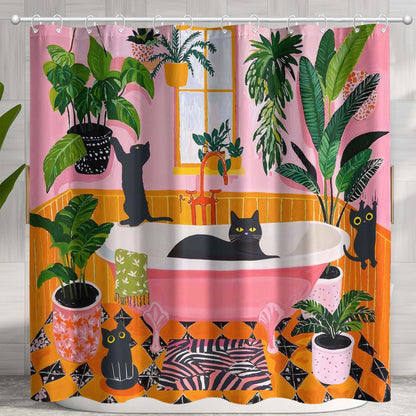 Funny Cat Shower Curtain Boho Cute Fun Black Cats Matisse Shower Curtains for Bathroom Kitten Green Tropical Plant Leaves Pink Orange Yellow Waterproof Fabric Bath Curtain Decor 72 X 72 Inches