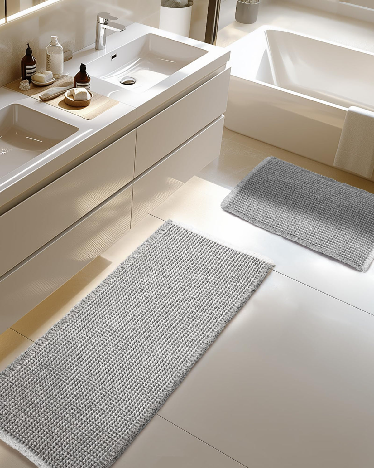 Large Waffle Bath Mat Set Non Slip, Ultra Absorbent Bath Mats for Christmas Bathroom Decor, Extra Soft Floor Bathroom Rugs Sets 2 Piece, Washable Bath Rugs Set, Green & White, 20"×47" and 16"×24"