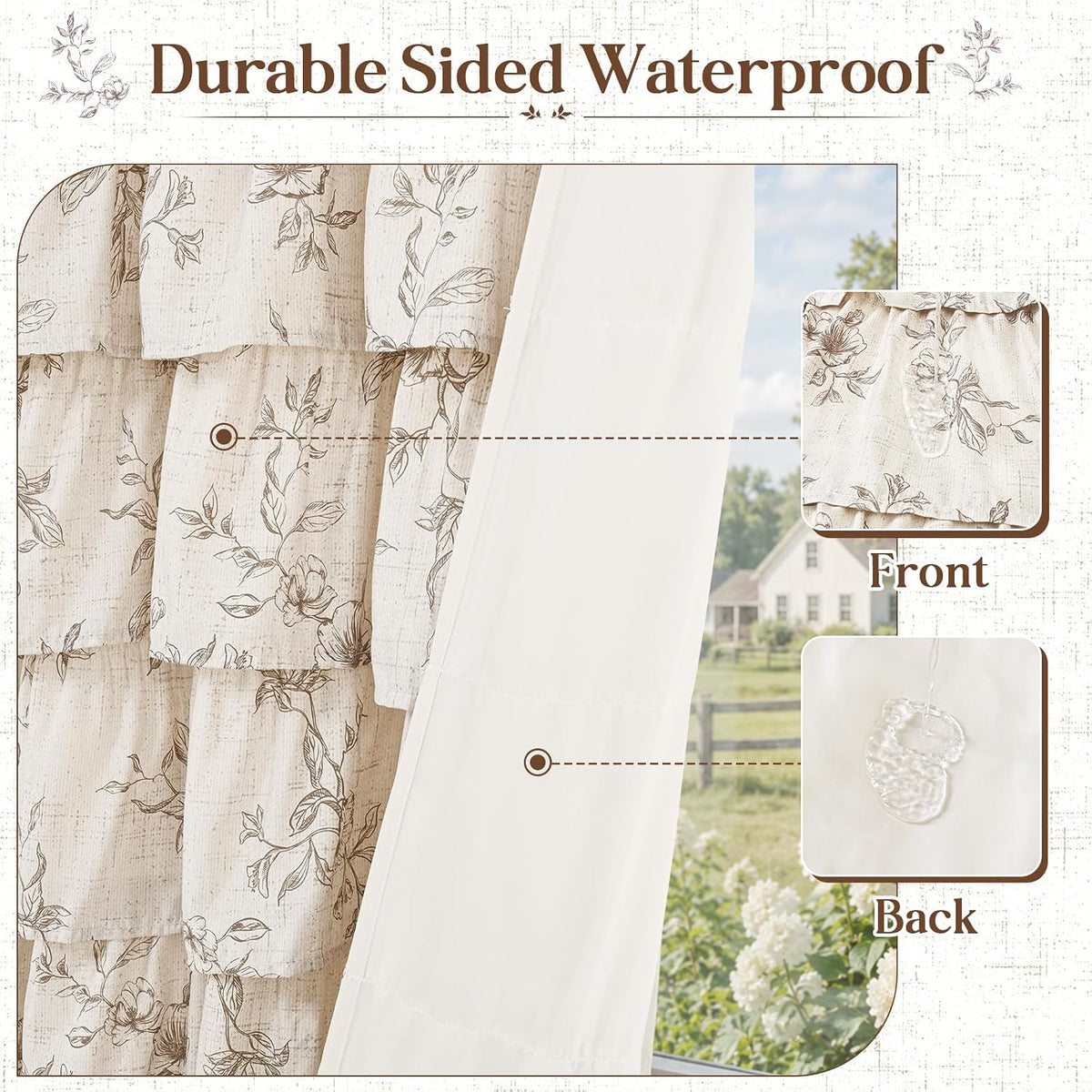 Farmhouse Floral Shower Curtain, Ruffle Bathroom Curtains, 72"Wx72"L