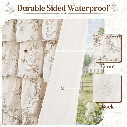 Farmhouse Floral Shower Curtain, Ruffle Bathroom Curtains, 72"Wx72"L