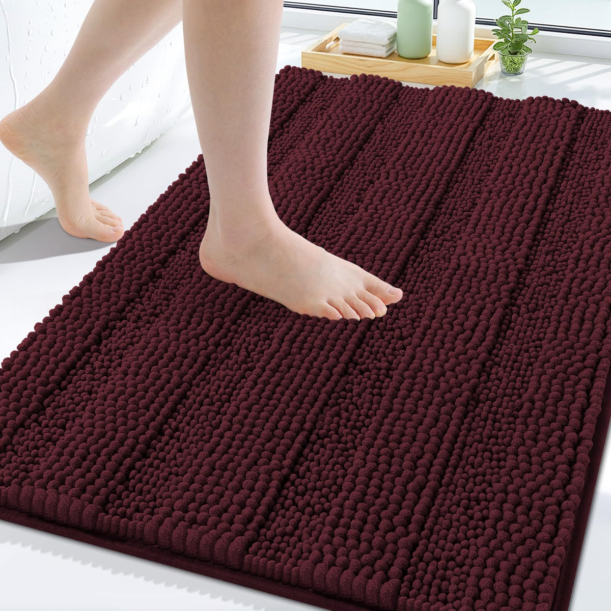 Grandaily Chenille Striped Bathroom Rugs 36x24, Extra Thick and Absorbent Bath Mats, Non-Slip Soft Plush Shaggy Shower Carpet, Machine Wash Dry, Bath Rug for Bathroom, (Large, Light Grey)