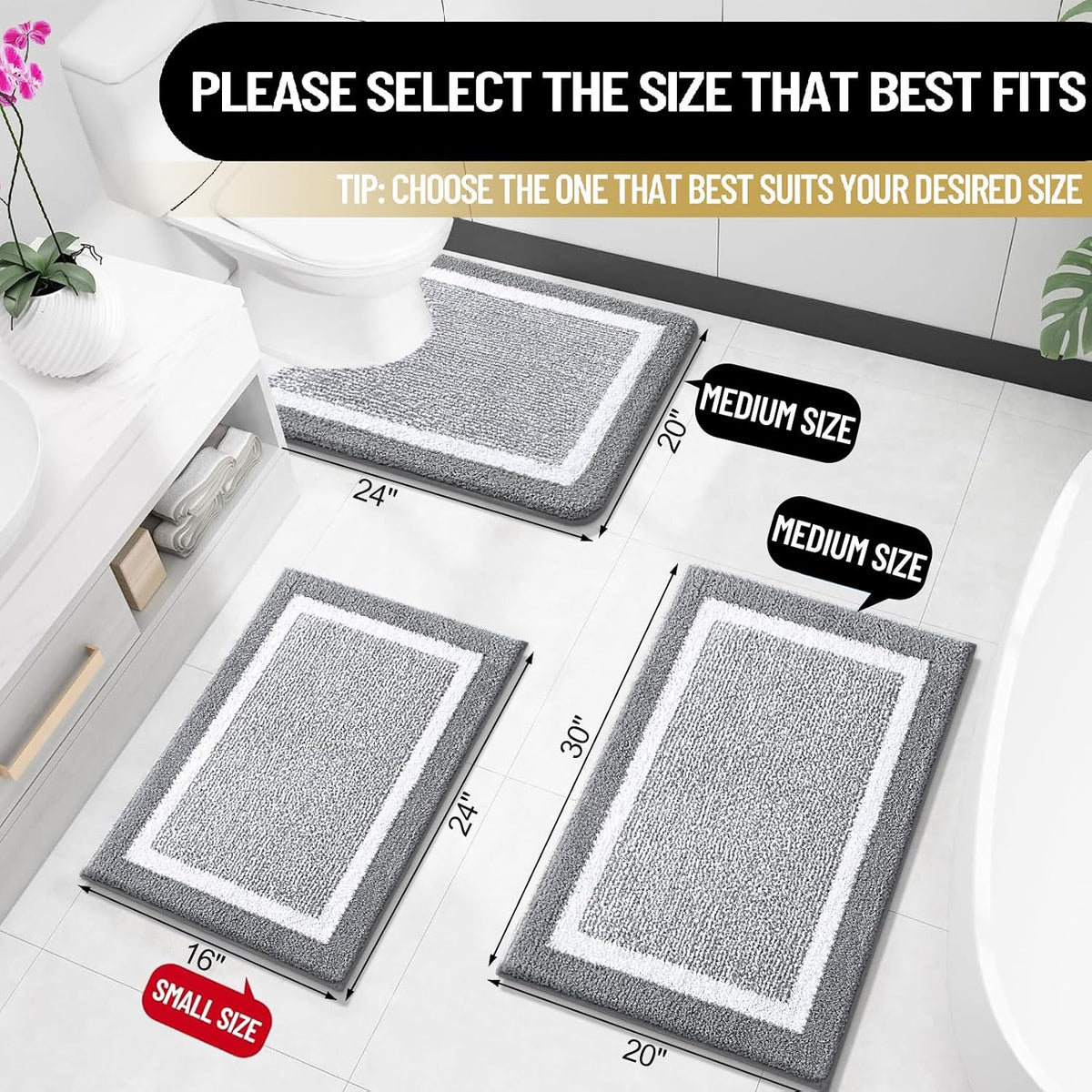 OLANLY Small Bathroom Rugs 24x16, Soft Absorbent Microfiber Bath Rugs, Grey