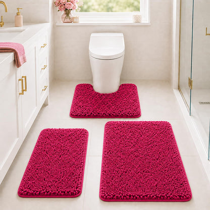 Bathroom Rugs Set Non Slip 3 Piece Bath Mat Washable Chenille Bath Rugs with PVC Backing Bath Carpet,Absorbent Bathroom Mats with Toilet Rug,Bath Mats for Bathroom,Bedroom, Kitchen,Tub,Home Decor