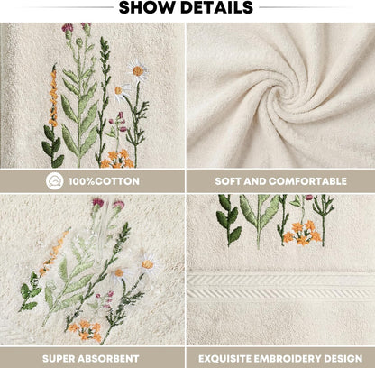 Artoid Mode 2 Pcs Beige Wildflower Floral Embroidered Hand Towels for Bathroom, 100% Cotton Soft Absorbent Farmhouse Decor Towels, 13.7 x 29.5 Inch