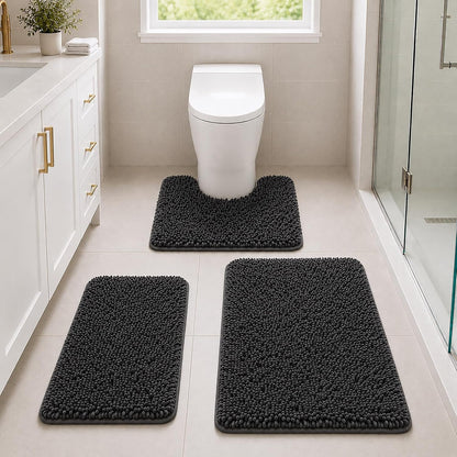 Bathroom Rugs Set Non Slip 3 Piece Bath Mat Washable Chenille Bath Rugs with PVC Backing Bath Carpet,Absorbent Bathroom Mats with Toilet Rug,Bath Mats for Bathroom,Bedroom, Kitchen,Tub,Home Decor