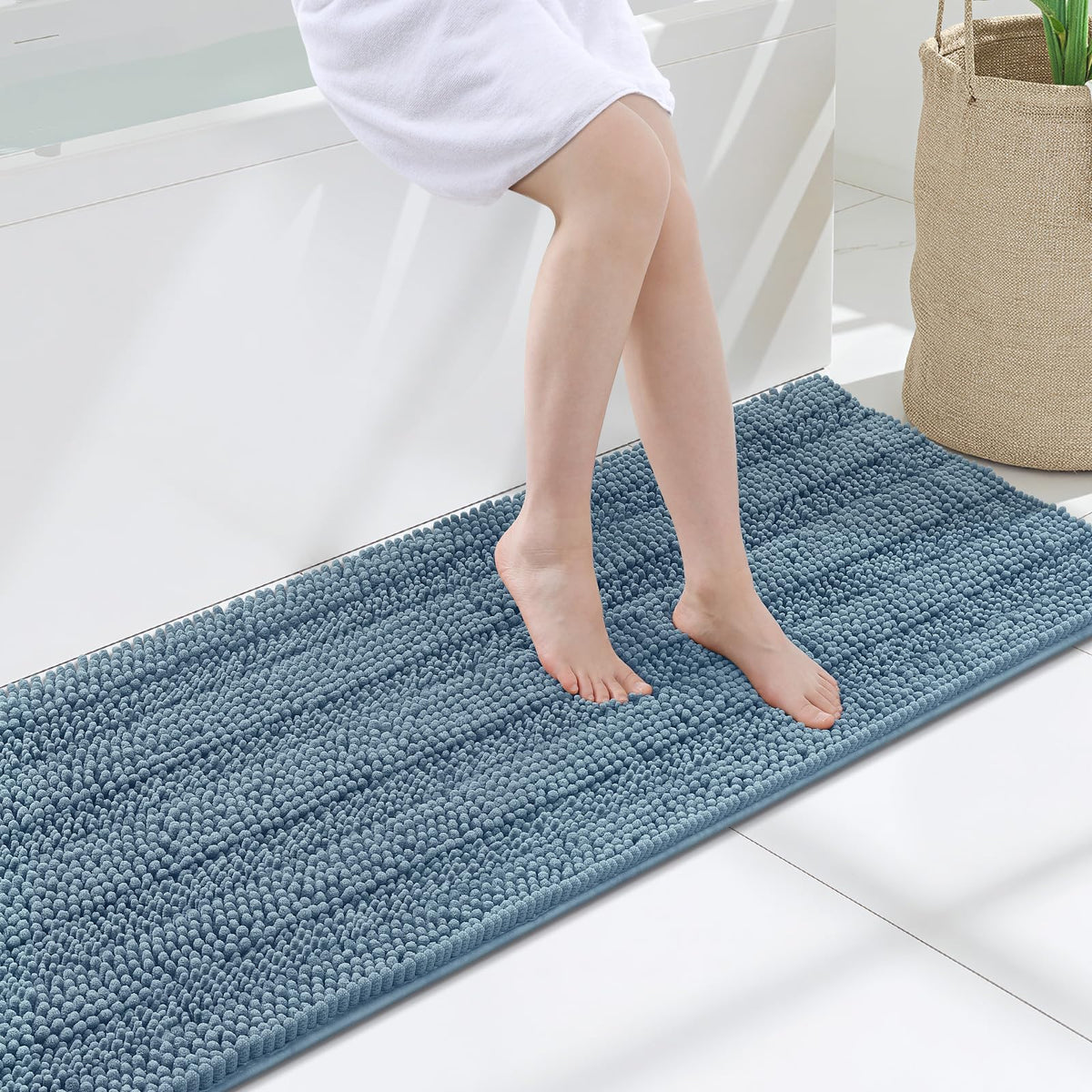 Grandaily Chenille Striped Bathroom Rugs 36x24, Extra Thick and Absorbent Bath Mats, Non-Slip Soft Plush Shaggy Shower Carpet, Machine Wash Dry, Bath Rug for Bathroom, (Large, Light Grey)