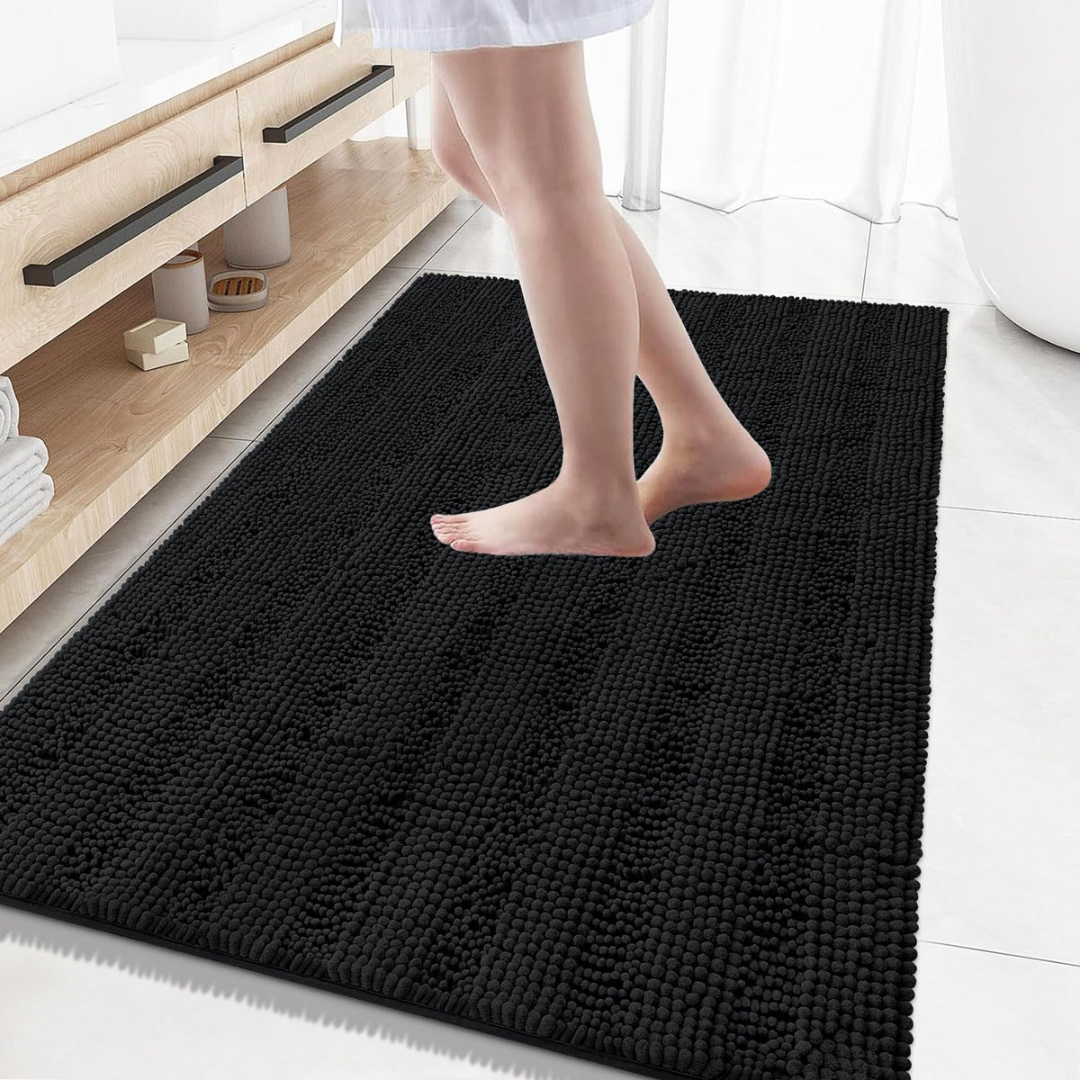 Grandaily Chenille Striped Bathroom Rugs 36x24, Extra Thick and Absorbent Bath Mats, Non-Slip Soft Plush Shaggy Shower Carpet, Machine Wash Dry, Bath Rug for Bathroom, (Large, Light Grey)