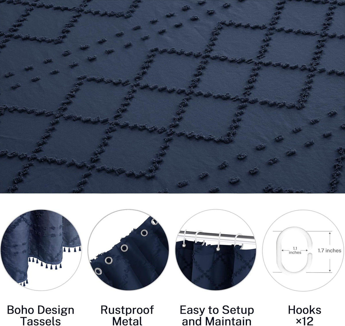 Siiluminisoy Navy Blue Shower Curtain Boho Shower Curtains Fabric, Tufted Chevron Textured Striped Modern Minimalist Cloth Shower Curtain for Bathroom, 72 x 72