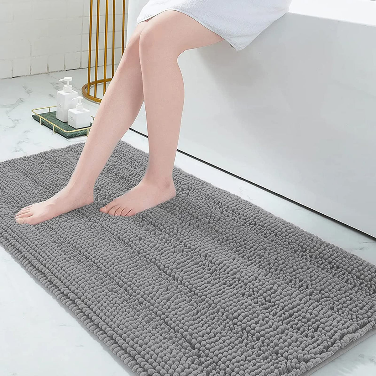 Grandaily Chenille Striped Bathroom Rugs 36x24, Extra Thick and Absorbent Bath Mats, Non-Slip Soft Plush Shaggy Shower Carpet, Machine Wash Dry, Bath Rug for Bathroom, (Large, Light Grey)