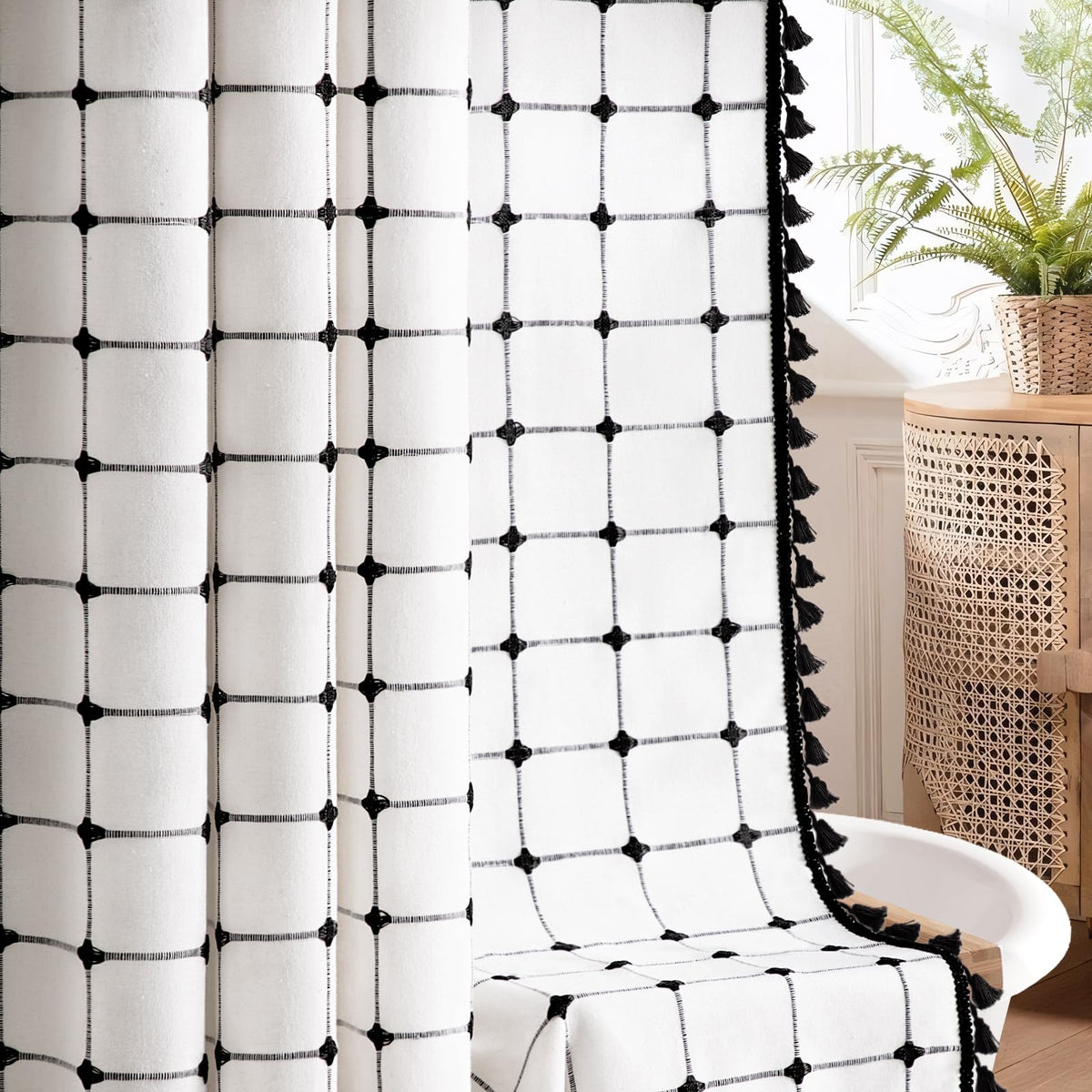 Black and White Boho Shower Curtain, 72" W X 72" L