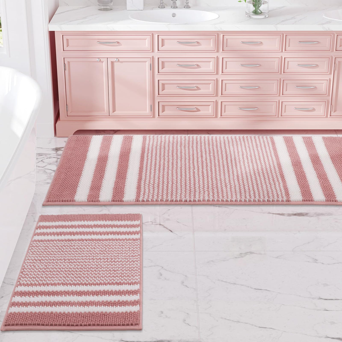 BSICPRO Bathroom Rugs Sets 2 Piece, Non Slip Striped Bath Mats, Fog Blue