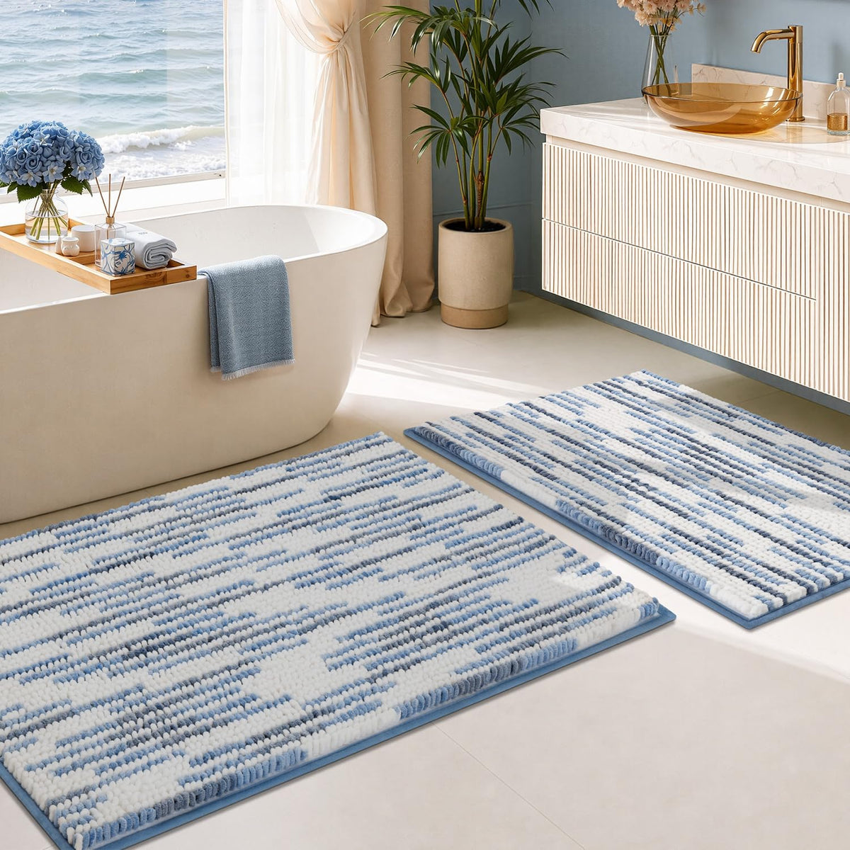 BSICPRO Bathroom Rugs Sets 2 Piece, Non Slip Striped Bath Mats, Fog Blue