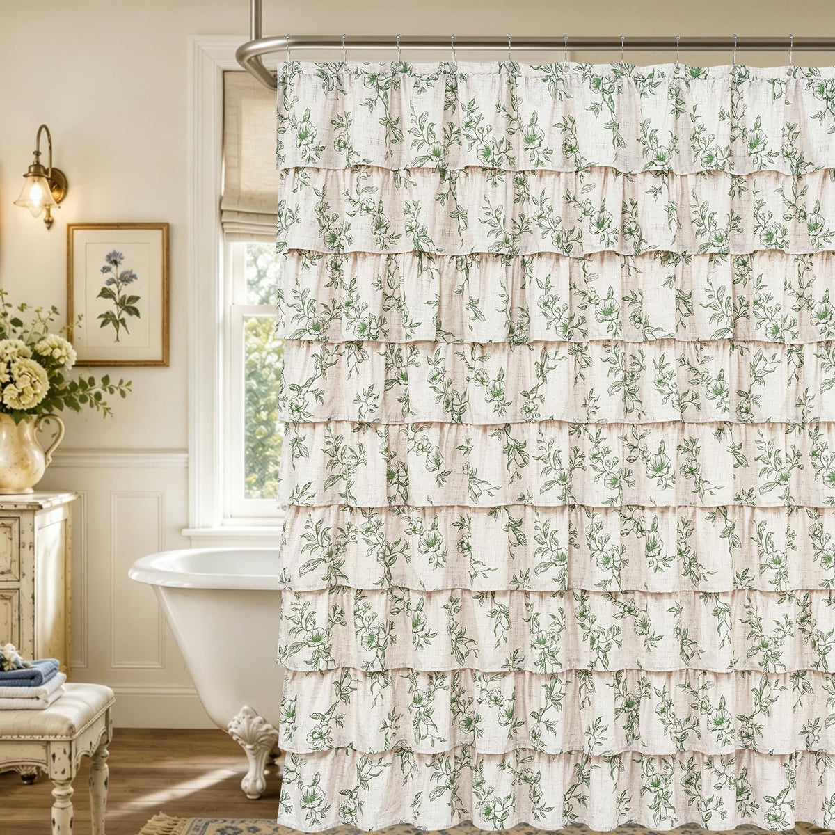 Farmhouse Floral Shower Curtain, Ruffle Bathroom Curtains, 72"Wx72"L