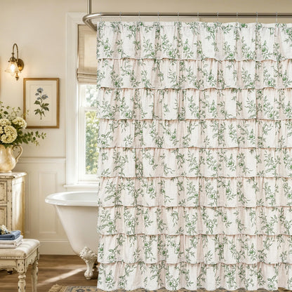 Farmhouse Floral Shower Curtain, Ruffle Bathroom Curtains, 72"Wx72"L