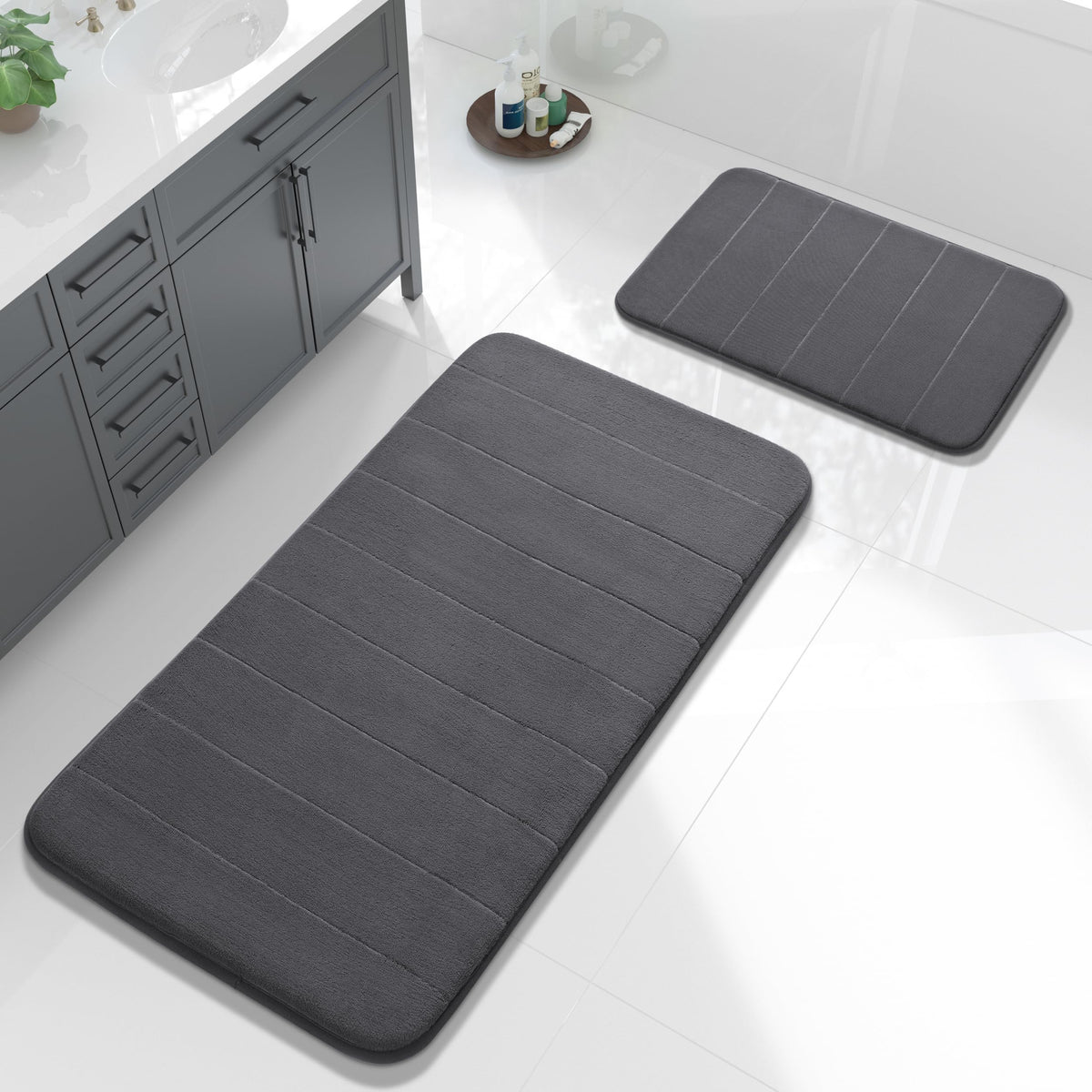 Yimobra Memory Foam Bathroom Rugs Sets 2 Piece - Super Soft Absorbent Quick Dry Bath Mat Set, Machine Washable Non Slip Floor Carpet for Tub Shower & Single Sink (17x24 & 31.5x20 Inch, Black)