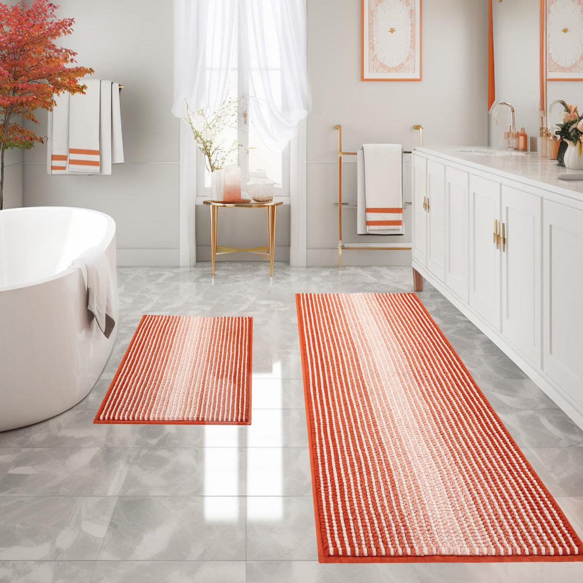 BSICPRO Bathroom Rugs Sets 2 Piece, Non Slip Striped Bath Mats, Fog Blue
