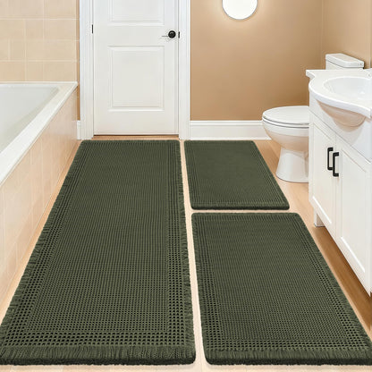 Upgrade Waffle Bath Mat Set 2 Piece, Boho Bathroom Rugs Absorbent Non Slip, Ultra Soft Bathroom Mat, Machine Washable Knit Bath Rugs with Herringbones for Bathroom, Bedroom, Kitchen, Shower, White