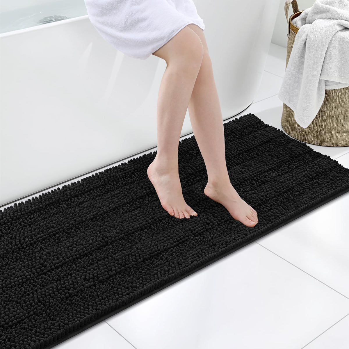 Grandaily Chenille Striped Bathroom Rugs 36x24, Extra Thick and Absorbent Bath Mats, Non-Slip Soft Plush Shaggy Shower Carpet, Machine Wash Dry, Bath Rug for Bathroom, (Large, Light Grey)