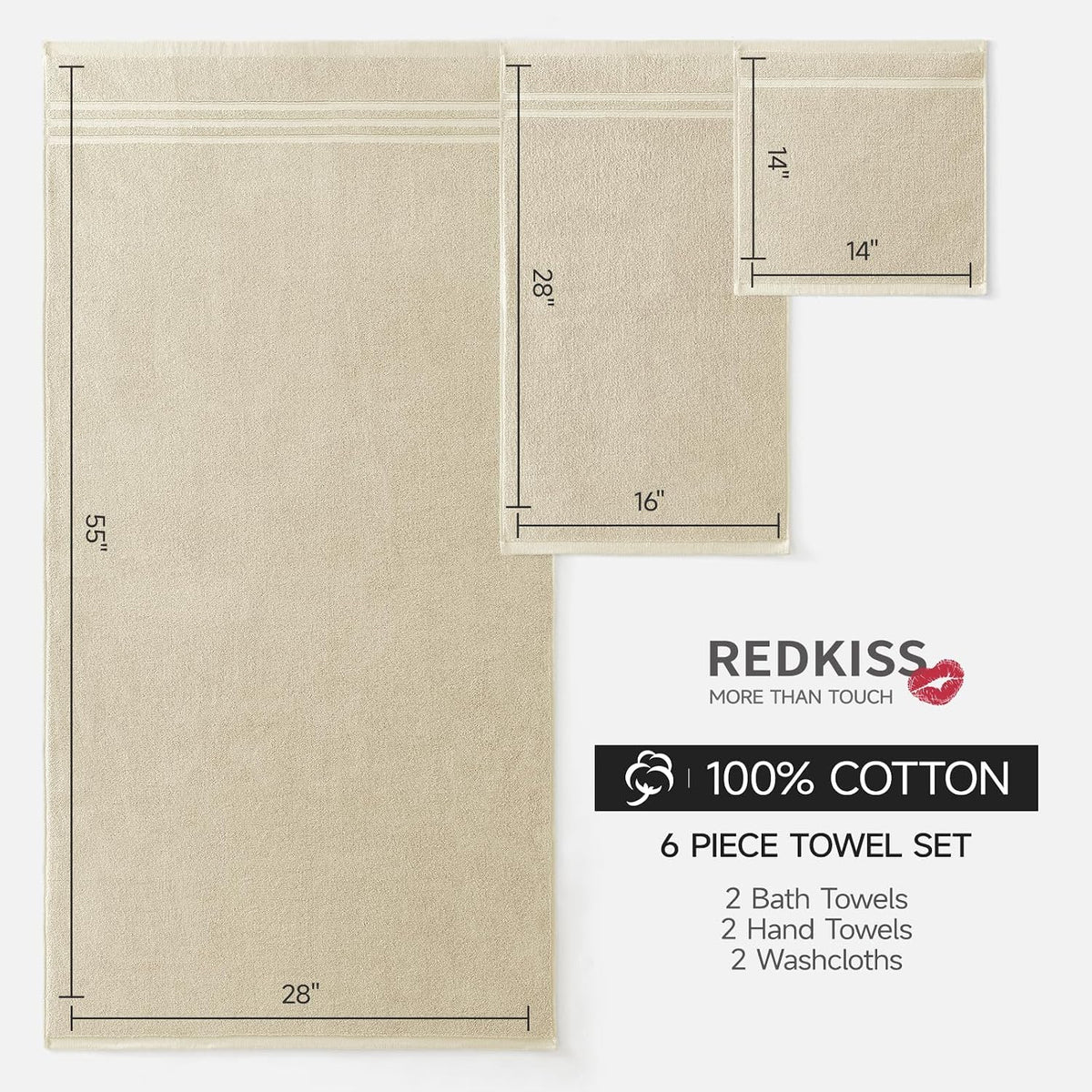 REDKISS Beige Towels Set 6 Piece Cotton Towel Sets with 2 Bath Towels, 2 Hand, 2 Washcloths, 650GSM Hotel Quality, Soft, Highly Absorbent Towels for Bathroom Gym, Ideal Everyday Use
