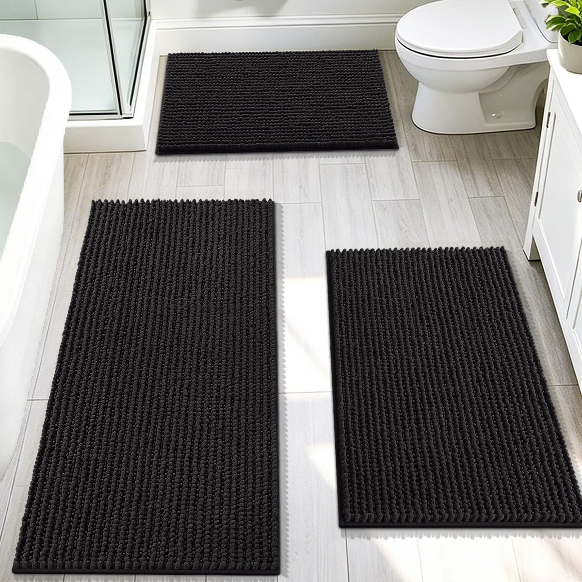 OLANLY Bathroom Rugs Sets 3 Piece, Super Soft Absorbent Chenille Bath Mats and U-Shaped Toilet Rug, Quick Dry, Home Decor, Bath Mat Set for Bathroom (24"x16"+24"x20"+30"x20", Grey)