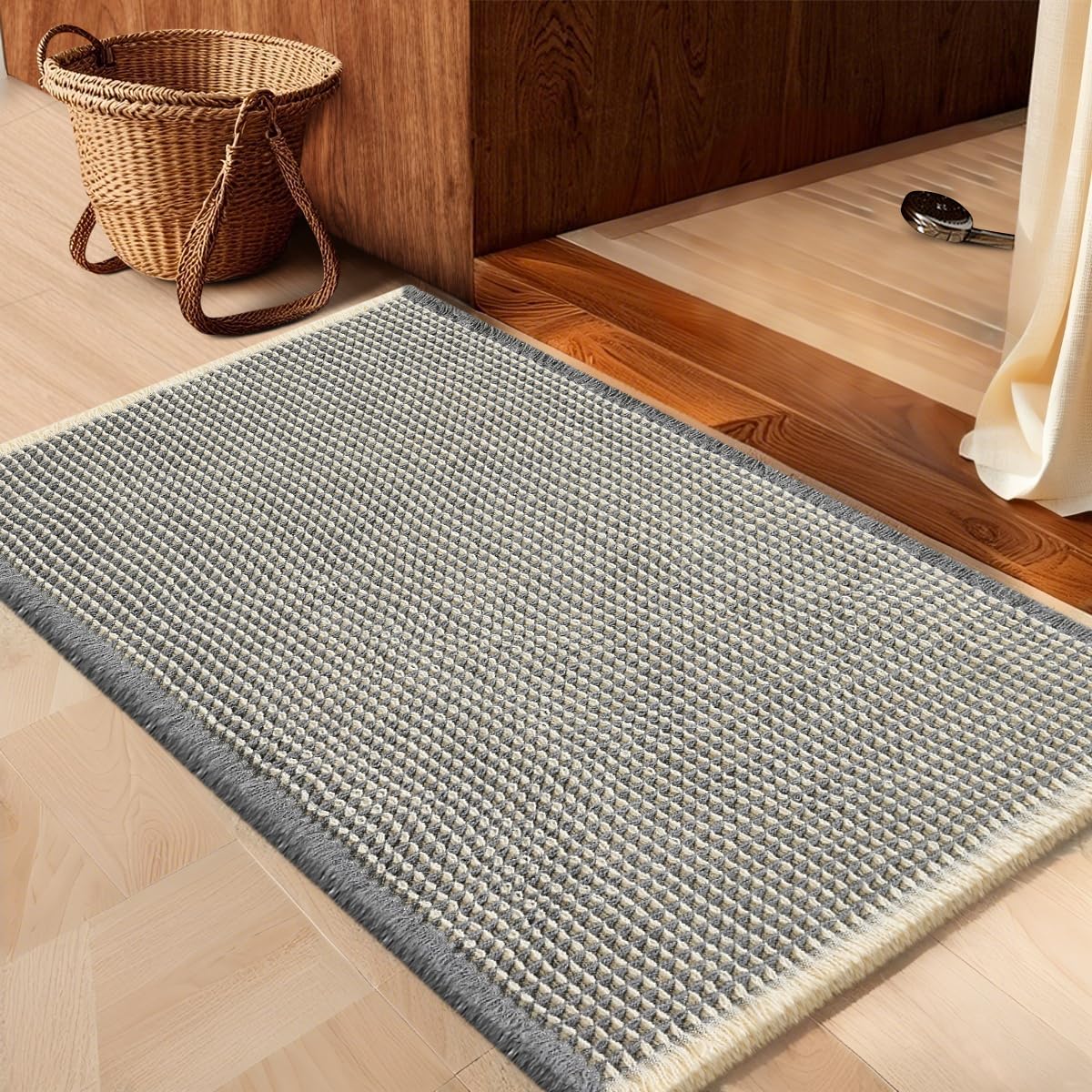 IM HOME Waffle Bath Mat Beige 32"x20", Boho Woven Modern Bath Mat Rugs, Absorbent Non Slip Bathroom Rugs, Soft Washable Bath Rugs with Tassels for Bathroom, Bedroom, Kitchen, Shower, Tub