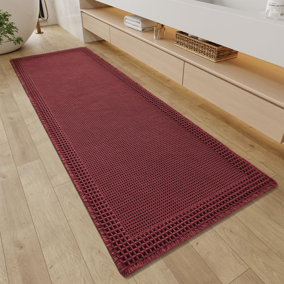 RESARE Waffle Bathroom Runner Rugs, Non Slip Boho Bath Mat 24"x72" Brown