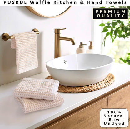 PÜSKÜL Natural 100% Turkish Cotton Waffle Hand and Kitchen Towels Set of 3