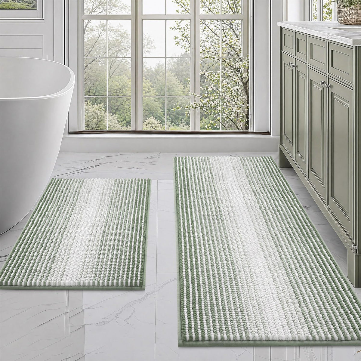BSICPRO Bathroom Rugs Sets 2 Piece, Non Slip Striped Bath Mats, Fog Blue