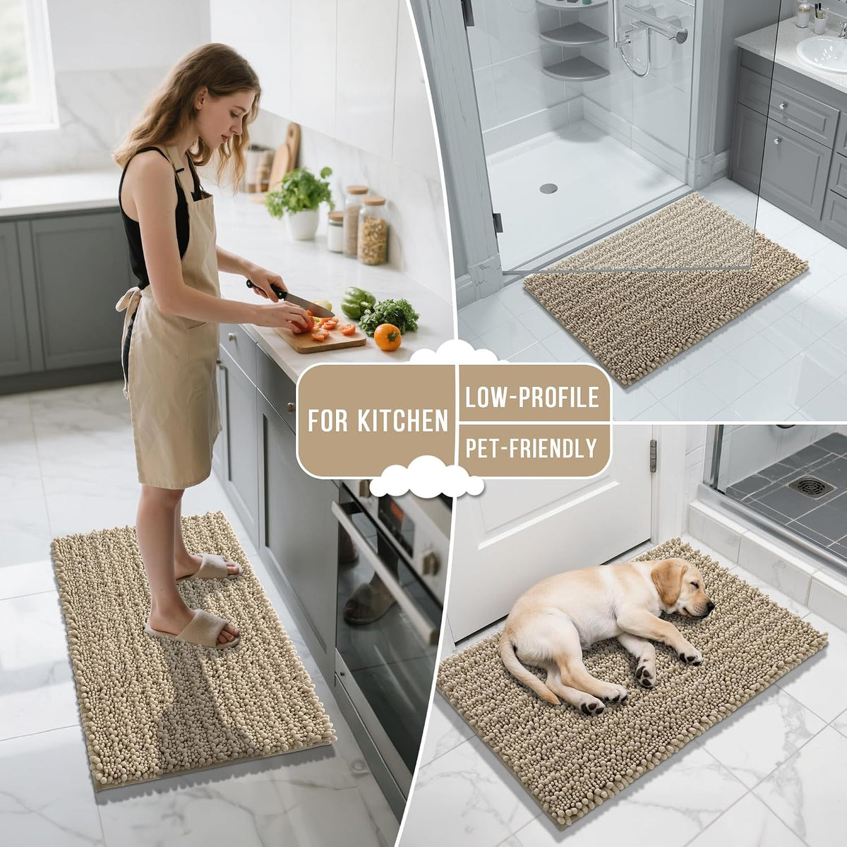 Yimobra Bathroom Rugs Sets 2 Piece - Quick Dry Extra Thick Luxury Chenille Bath Mat, Non Slip Super Absorbent for Tub Shower Sink, Machine Washable Shaggy Floor Mat, 32"x20"+24"x17" Inch, Pale Khaki