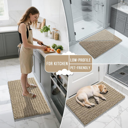 Yimobra Bathroom Rugs Sets 2 Piece - Quick Dry Extra Thick Luxury Chenille Bath Mat, Non Slip Super Absorbent for Tub Shower Sink, Machine Washable Shaggy Floor Mat, 32"x20"+24"x17" Inch, Pale Khaki