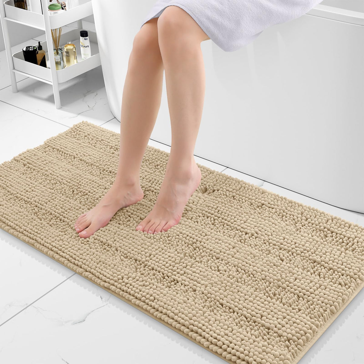 Grandaily Chenille Striped Bathroom Rugs 36x24, Extra Thick and Absorbent Bath Mats, Non-Slip Soft Plush Shaggy Shower Carpet, Machine Wash Dry, Bath Rug for Bathroom, (Large, Light Grey)