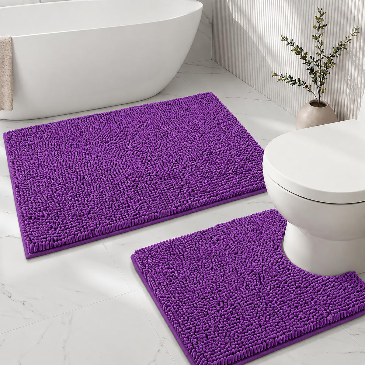 Bathroom Rugs Sets 2 Piece,Super Absorbent Soft,Thick,Machine Washable Chenille Bath Mat,Non Slip Toilet Floor Rug,Bath Mats for Bathroom,20x32 Plus 20x20 U Shape,Light Grey