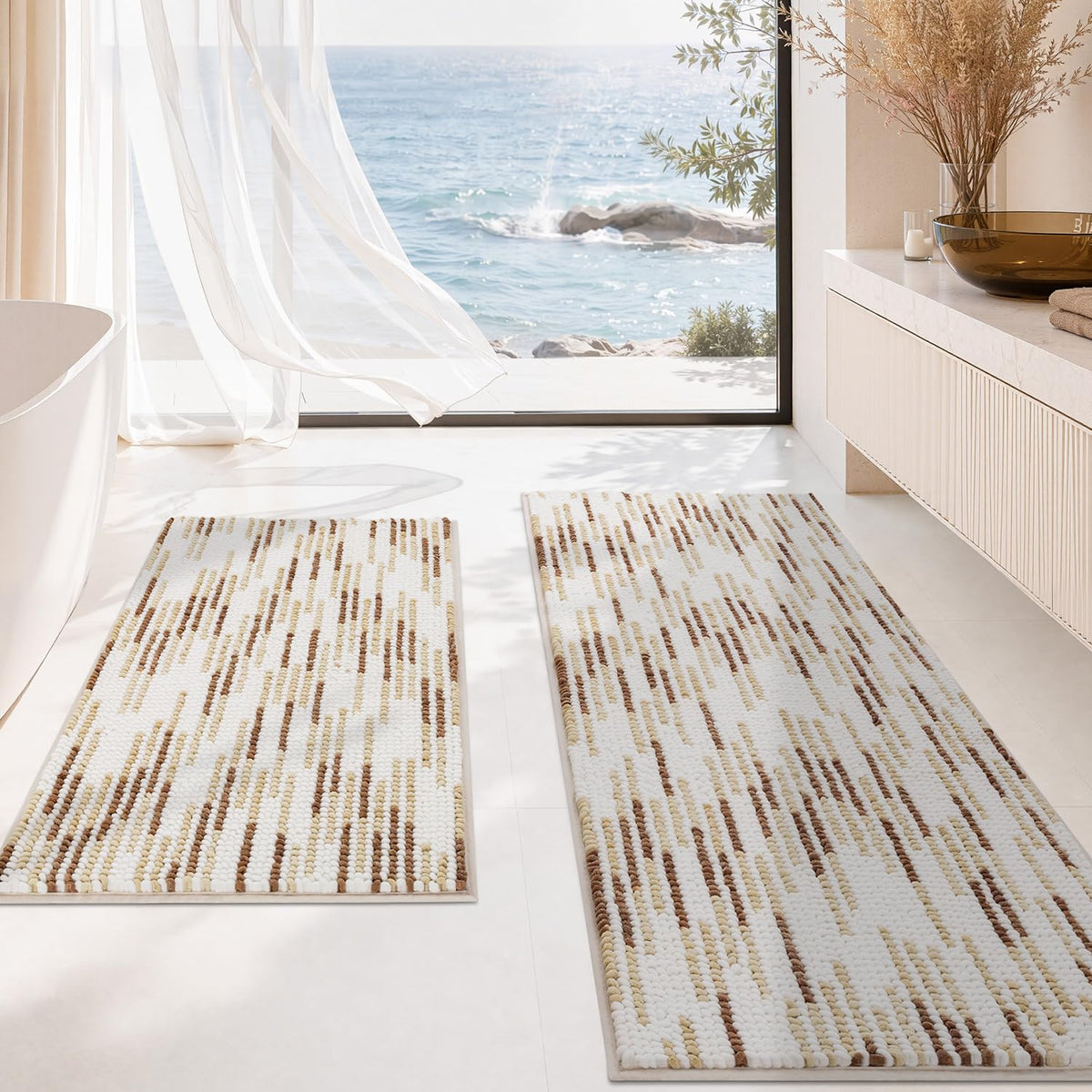 BSICPRO Bathroom Rugs Sets 2 Piece, Non Slip Striped Bath Mats, Fog Blue