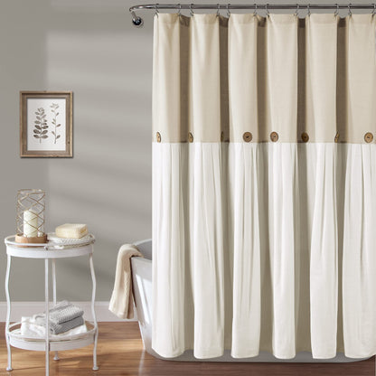 Lush Decor Linen Button Shower Curtain, 72" W x 72" L, Linen - Neural Shower Curtain Fabric - Bathroom Curtain - Farmhouse Bathroom Decor
