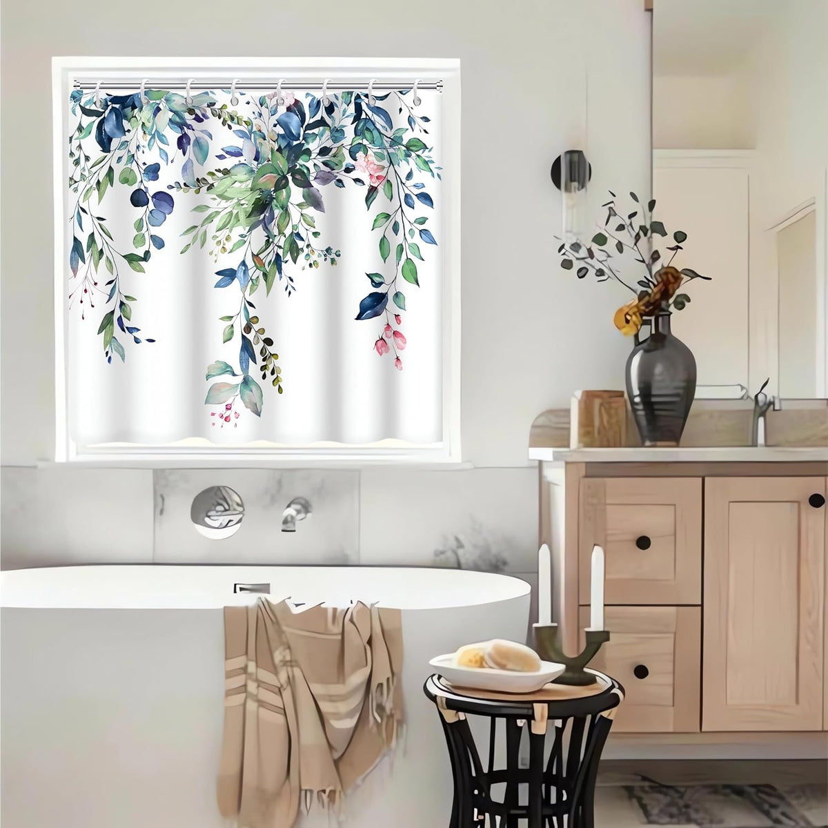 Blue and Green Eucalyptus Shower Window Curtain 40x36 Inch