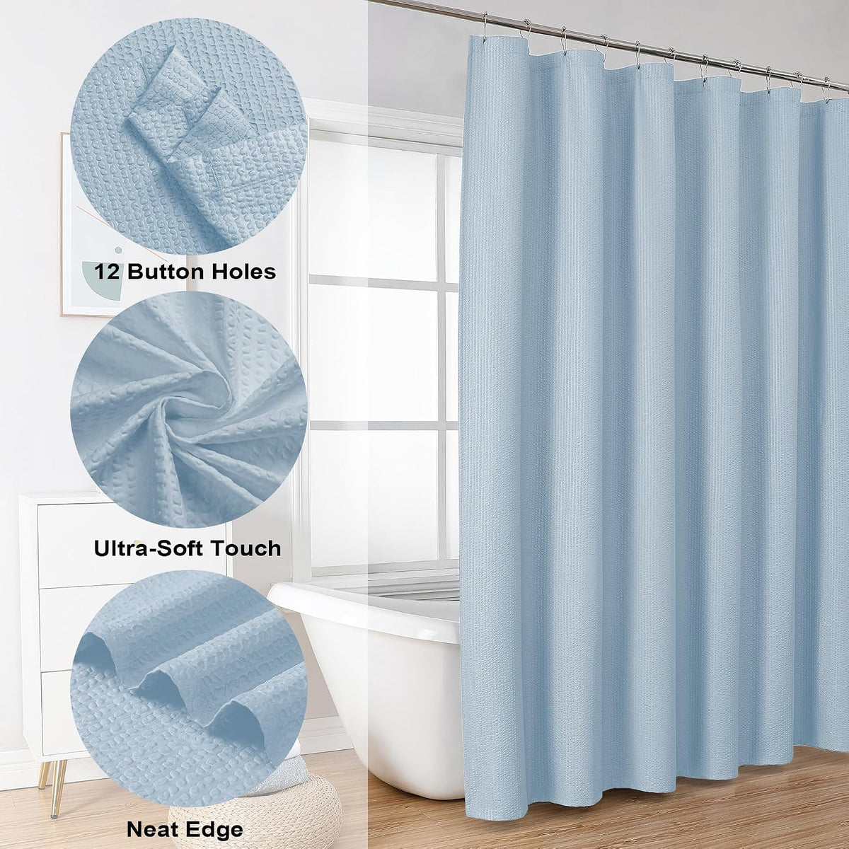 OVZME Berry Cute Shower Curtain, Embossed Textured Fabric Shower Curtain for Bathroom - Soft Cloth & Hotel Spa Luxury, Water Repellent, Machine Washable Shower Curtain, 72X72, Glacier Blue