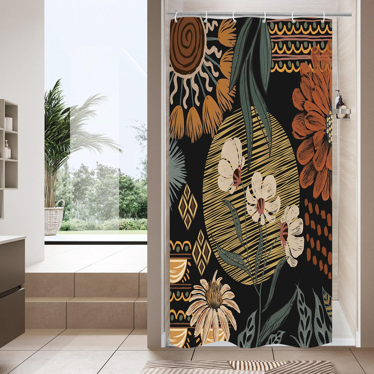 Boho Floral Shower Curtain, Vintage Botanical Fabric Curtain, 72 x 72