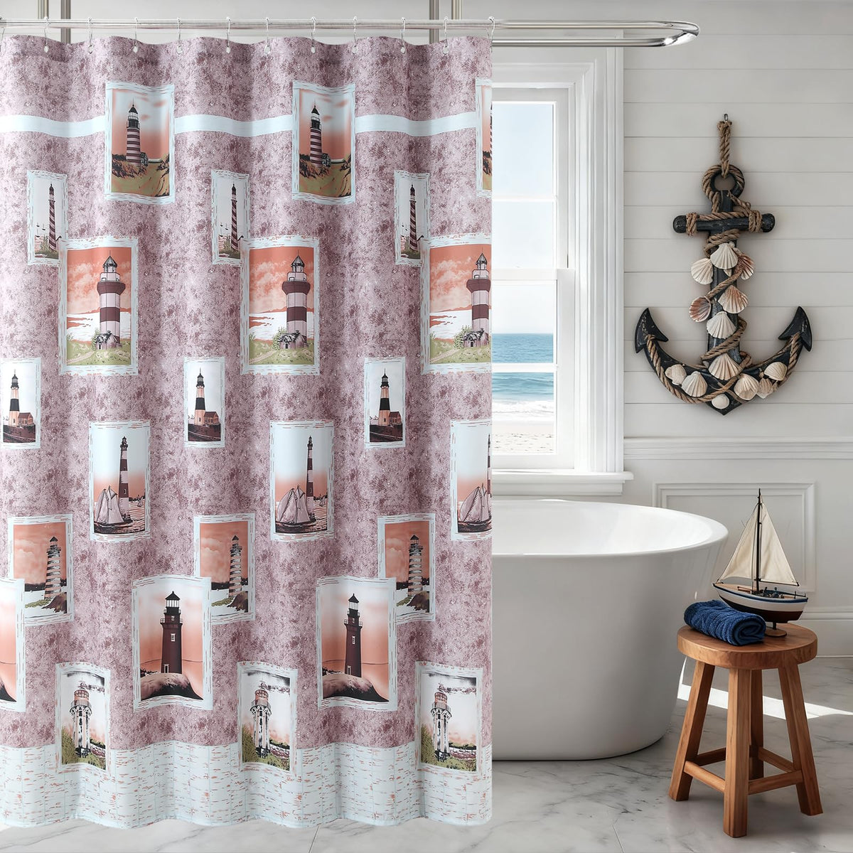 Coastal Seashell Fabric Shower Curtain, Under The Sea Beach Ocean Theme Shower Curtain with Starfish & Coral, Waterproof Blue Nautical Decorative Bathroom Curtains, 72" W x 72" H